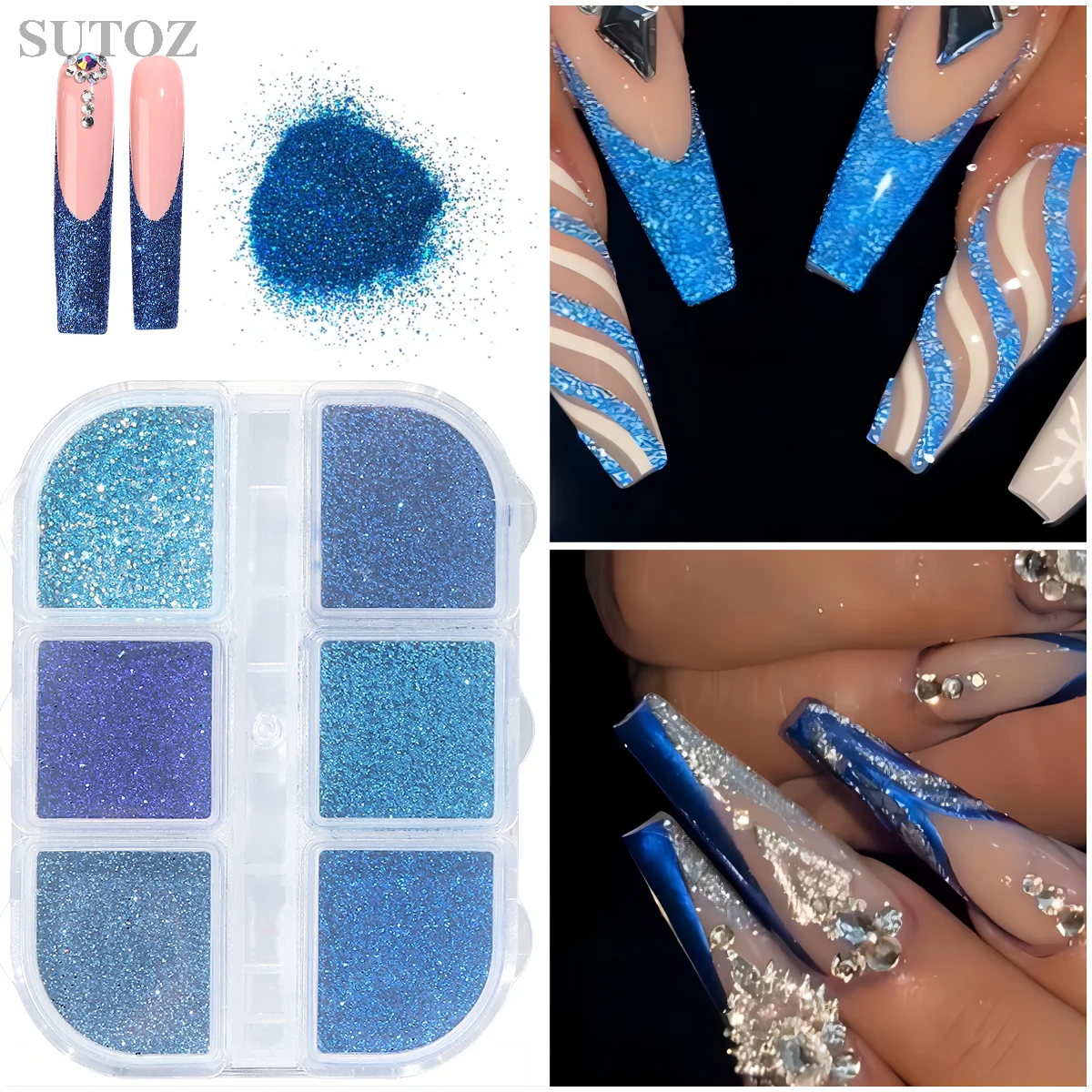 6 Girds Blue Nail Glitter Powder Set Reflective Dip Powders Sequins Sugar Sand Coating Effect Shining Manicure Supplies LTX-113