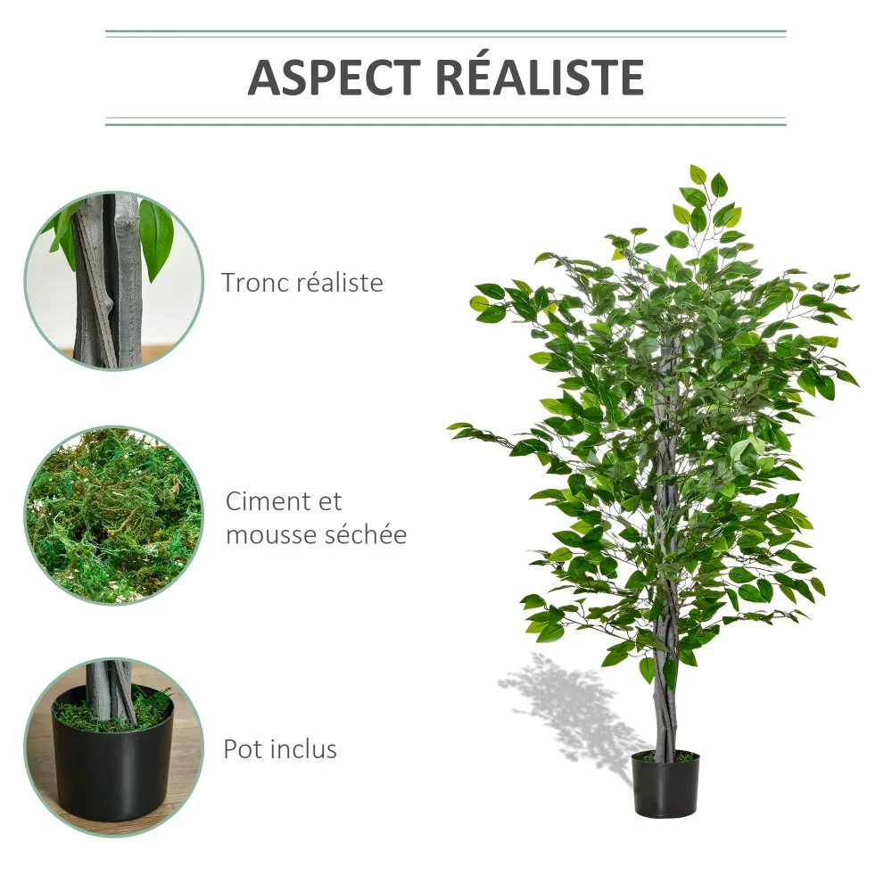 Árbol Artificial, Planta Artificial de Ficus, 1,35 m de altura, Tronco, Ramas, Liana, Licheno, Hojas, Gran Realismo, Maceta Incluida