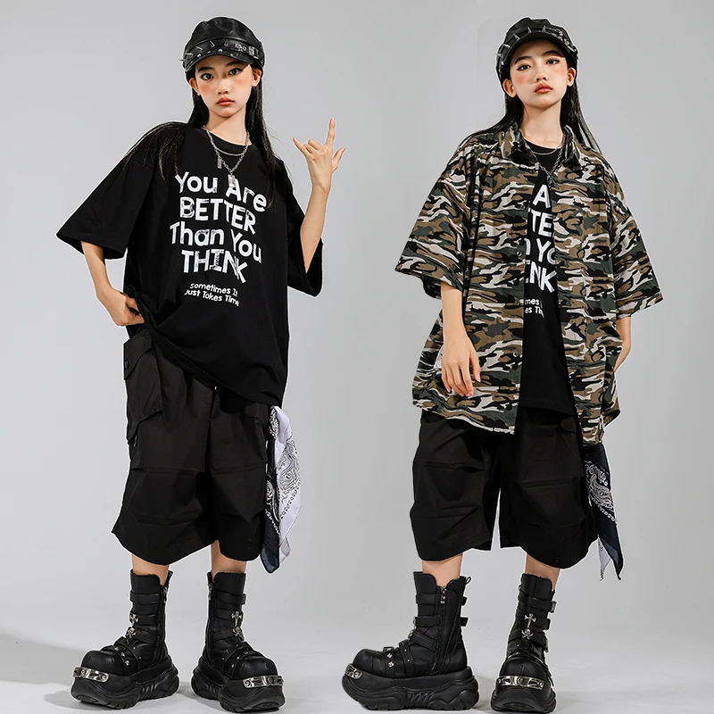 Jungen Hip Hop Camouflage Mantel Cargo-Shorts Mädchen K-pop Street Dance Kleidung Kinder Military Streetwear Kinder Jazz Kleidung Set
