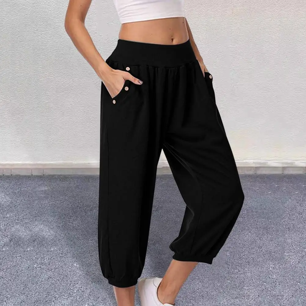 Women Cropped Pants Stylish Women's Harem Pants with Elastic High Waist Button Decor Pockets Loose Fit Cropped Slacks for Wear