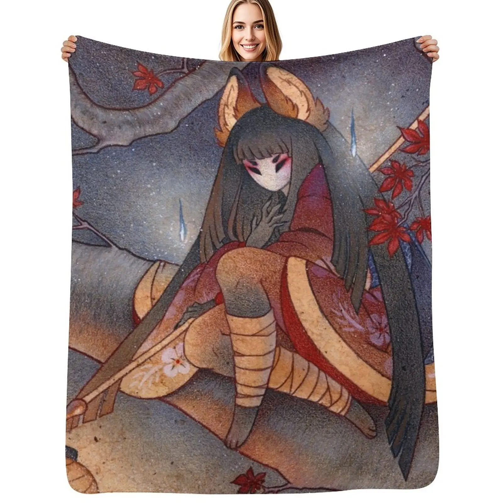 Japanese Maple Kitsune with Lantern Throw Blanket Stuffeds christmas gifts Beautifuls Sofa cosplay anime Sofa Quilt Blankets