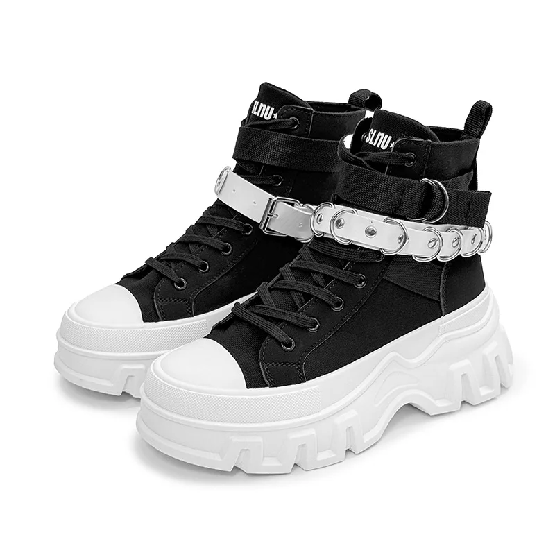 Casual High Top women's Canvas Shoes Fashionable Trendy Thick Bottom Heightening Sports Shoes Black Cloth Shoes Autumn Season