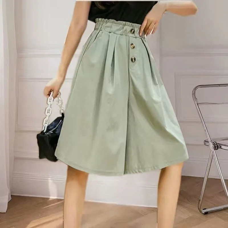 

Fashion Elastic Button Pockets Folds Wide Leg Pants Female Clothing Summer New Loose Preppy Style High Waist Casual Pants