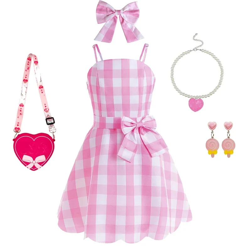 

Pink Frocks for Girls Movie Babe Role Playing Costume With Bow Belt Plaid Sling Dress Bridesmaid Dress for Girls Casual Outfit