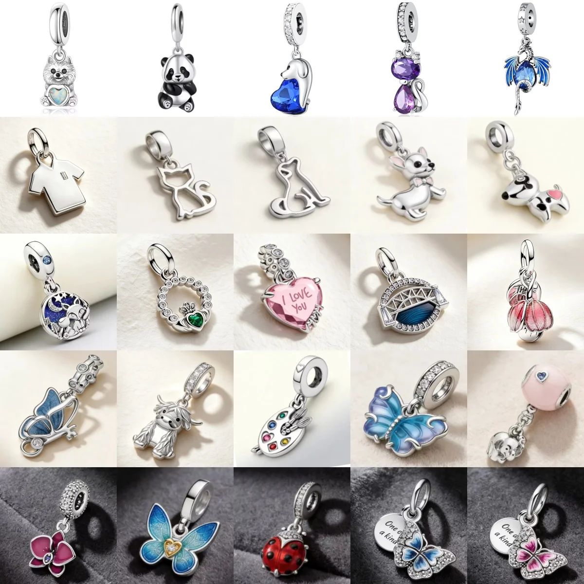 New 925 Silver Animal Butterfly Flower Heart Ladybug Key shaped Enamel Water Diamond Pendant DIY Bracelet Jewelry Accessories