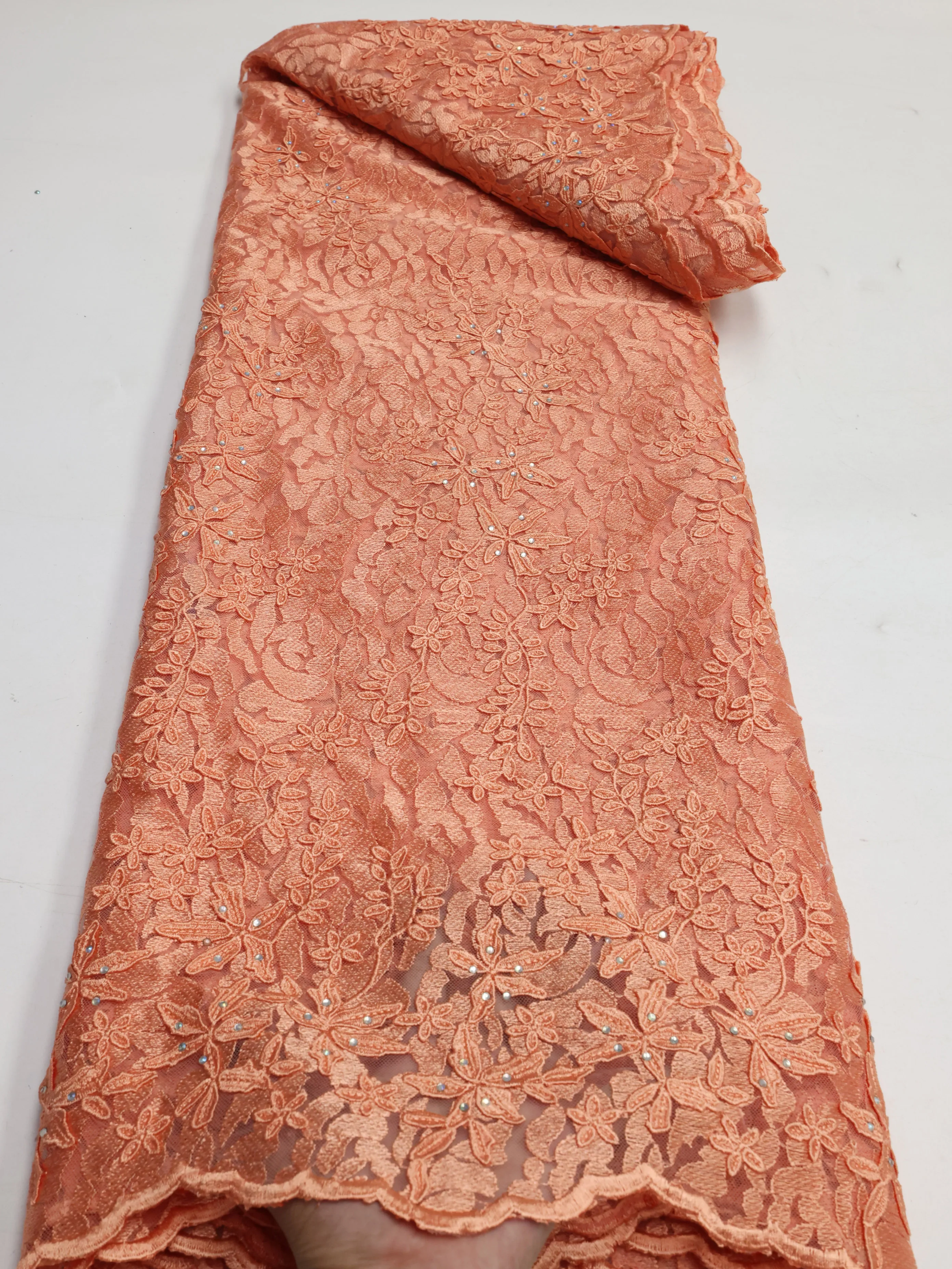 Peach African Lace Fabric 2024 High Quality Fashion Nigeria Sequins Embroidered French Tulle Lace Fabric For Nigerian Wedding