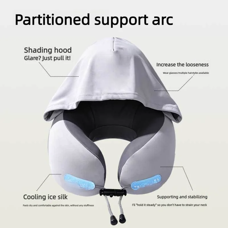 Non-tilting neck support U-shaped pillow with hood, portable for travel and car use, memory foam U-shaped headrest with sunshade