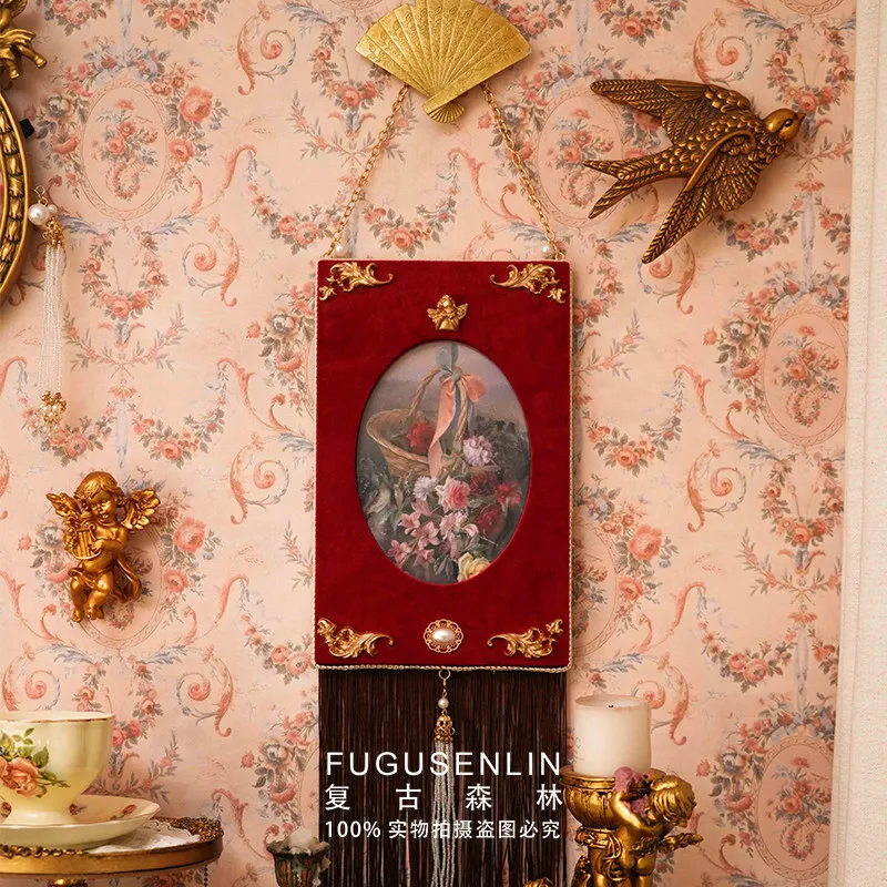 

Vintage Forest Handmade Burgundy Velvet Tassel Photo Frame Picture Frame Wall Hanging French Decorative Ornaments Cafe Wall Deco