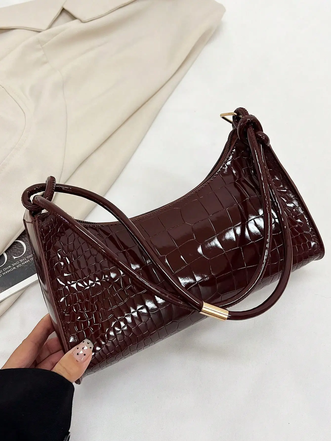 

Glossy Croc-Embossed Crescent Shoulder Bag for Women, Minimalist Design