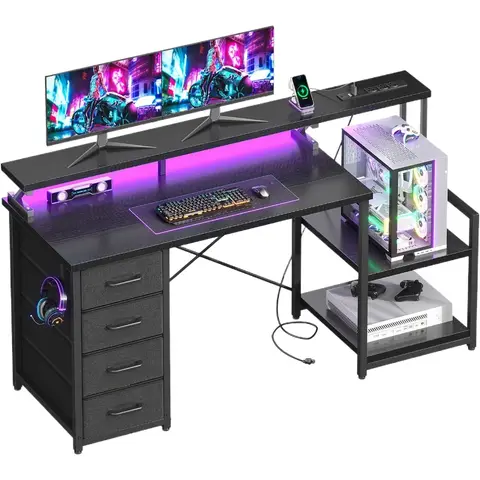 55 Inch Computer Gaming Desk with Power Outlets & 4 Drawers, Home Office Desk with Monitor Stand & Printer Shelves, Black