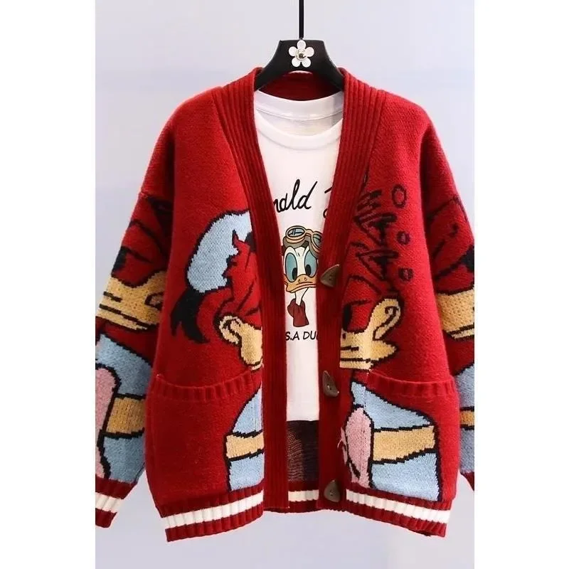 Disney Paperino Nuovo stile giapponese simpatico cartone animato modello cardigan lavorato a maglia ampio e confortevole alla moda e versatile