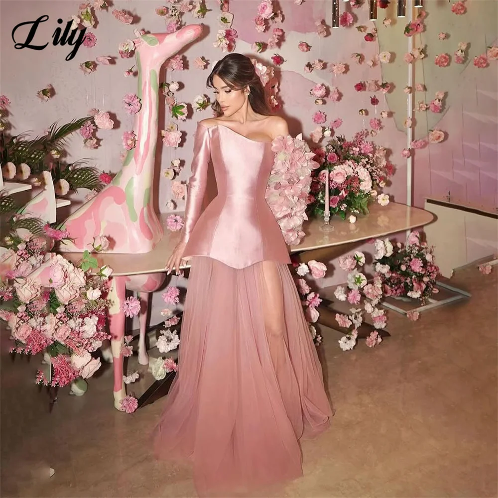 

Lily Pink Long Sleeve Party Gown Satin Bodice Prom Dress Tulle A Line Evening Dresses with Flowers robes de soirée Customized
