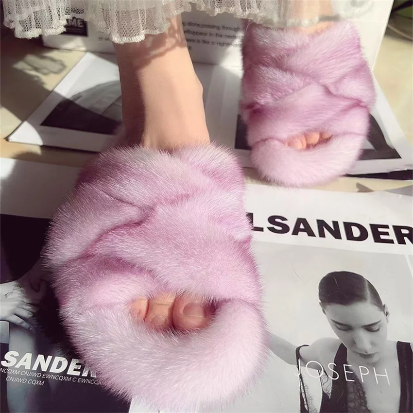 Thick Sole Flat Bottom Outdoors Home Slippers Fashion Soft Sole Real Mink Fur Women Sandals Summer Non Slip Herrinfbone Slippers