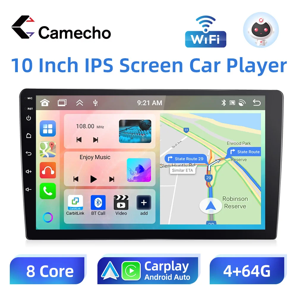 

Camecho Android Car Radio 2 Din 10.1'' Multimedia Player Wireless Carplay Android Auto GPS Navigation Bluetooth WIFI Rear Camera