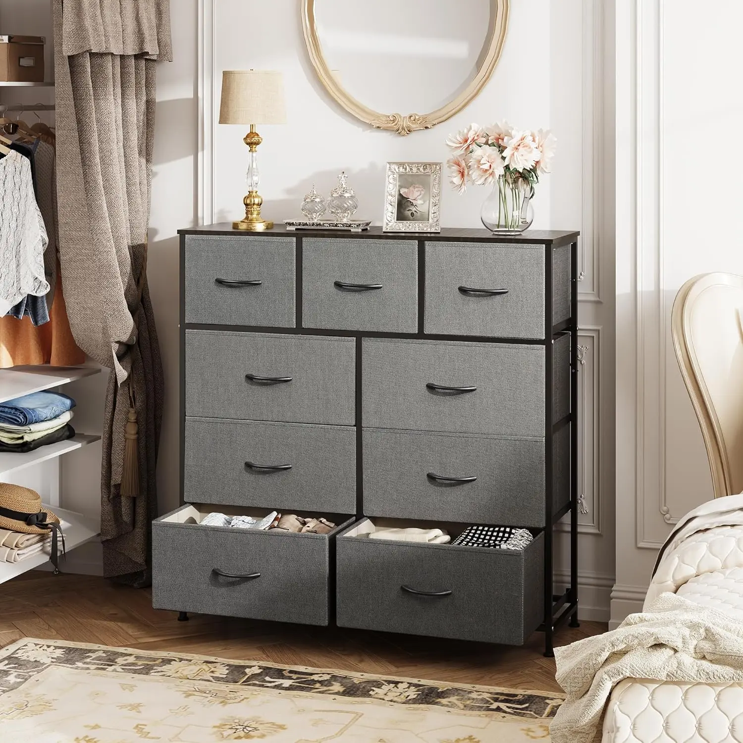 9-drawer dressing table, bedroom storage tower, hallway, entrance, closet, high chest storage unit with fabric box