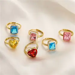 HECHENG,Summer New Colorful Neon Enamel Open Adjusted Finger Ring For Women Heart Rectangle Fashion Copper Zircon Jewelry