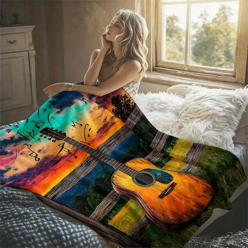 Country Guitar Sunset Flannel Blanket Perfect for Sofa Office Bed Travel Sleep Read Relax Camping Four Season Use