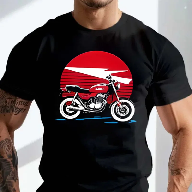 

Stylish Black Cotton Short Sleeve T-Shirt With Vibrant Red Motorcycle Graphic And Sunset Design