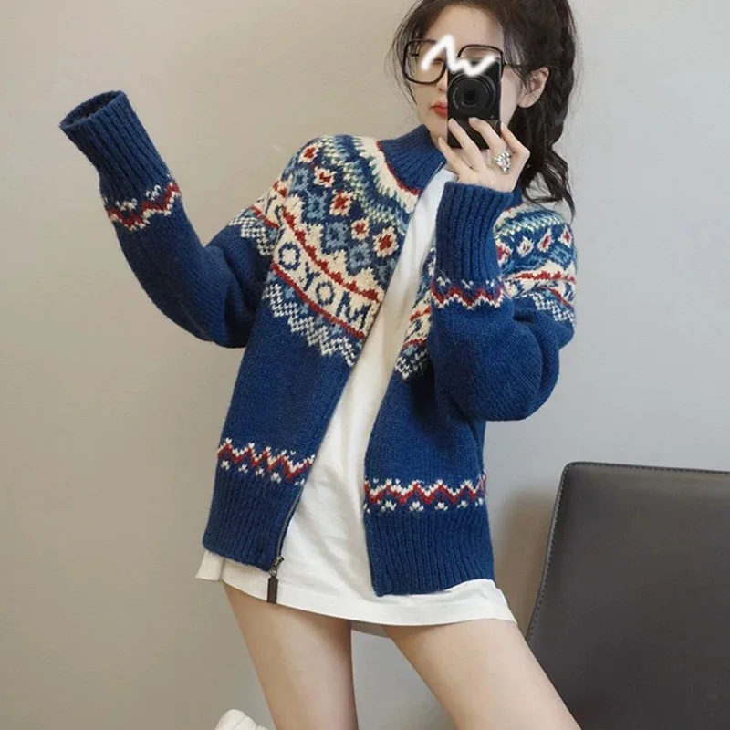 Fair Isle Cardigan feminino novo vintage padrão de Natal casaco de malha gola alta jaqueta quente de grandes dimensões
