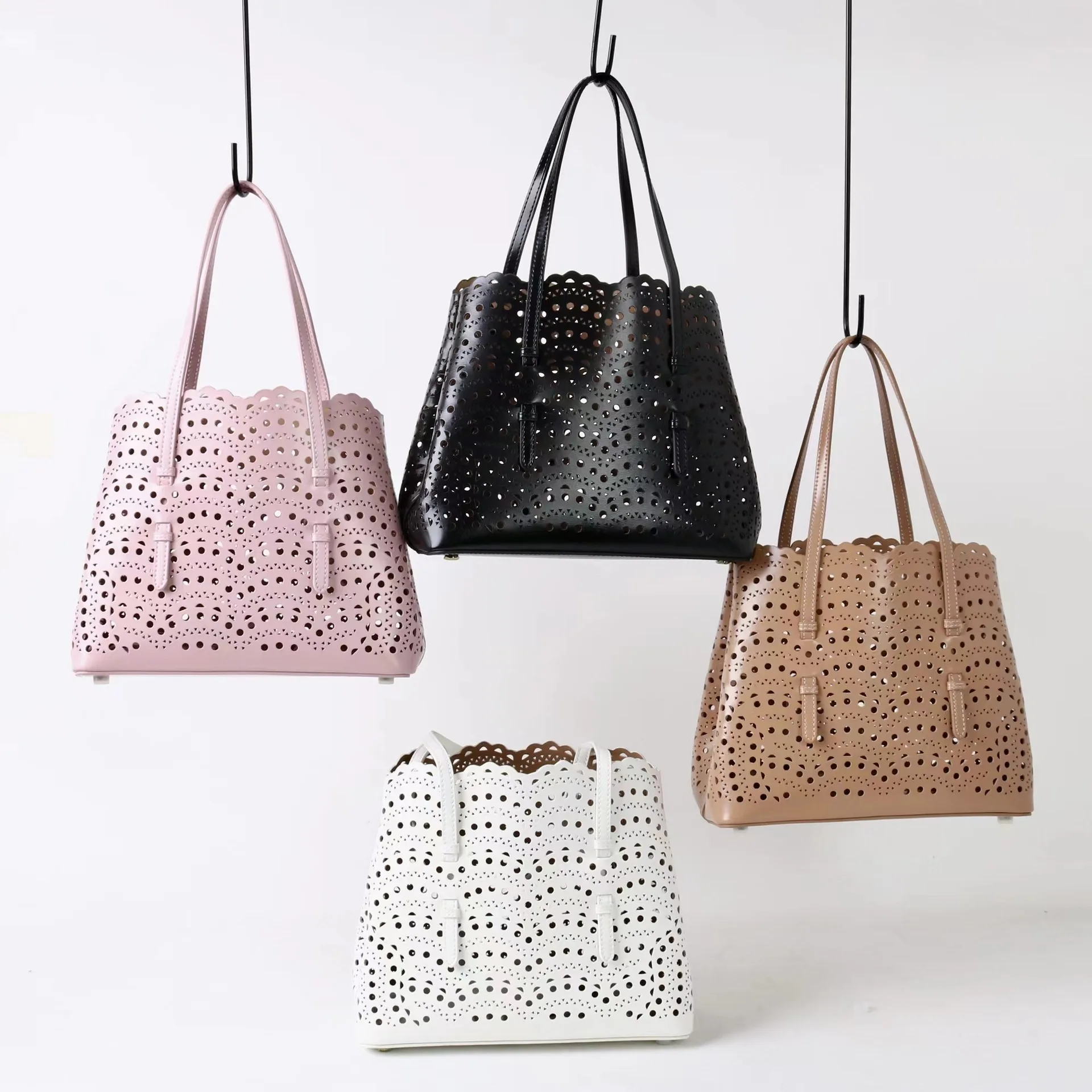 

2025 New Arrival Women's Genuine Leather Hollow Out Carved Tote Bag - Wave Pattern Shoulder Crossbody Basket Bag