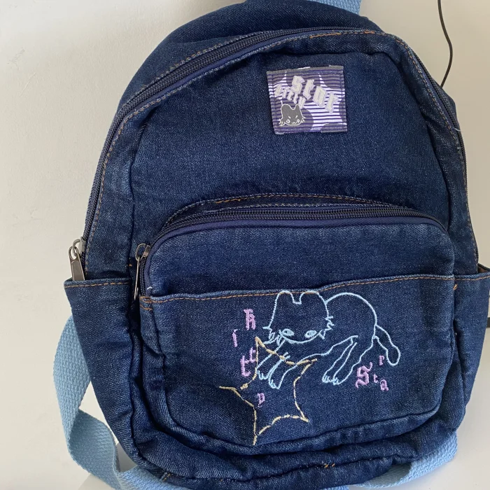 Japanese Simple Kawaii Cat Backpack Denim Handbag Shoulder Bags Large Capacity Student Schoolbag Cute Women Backpack