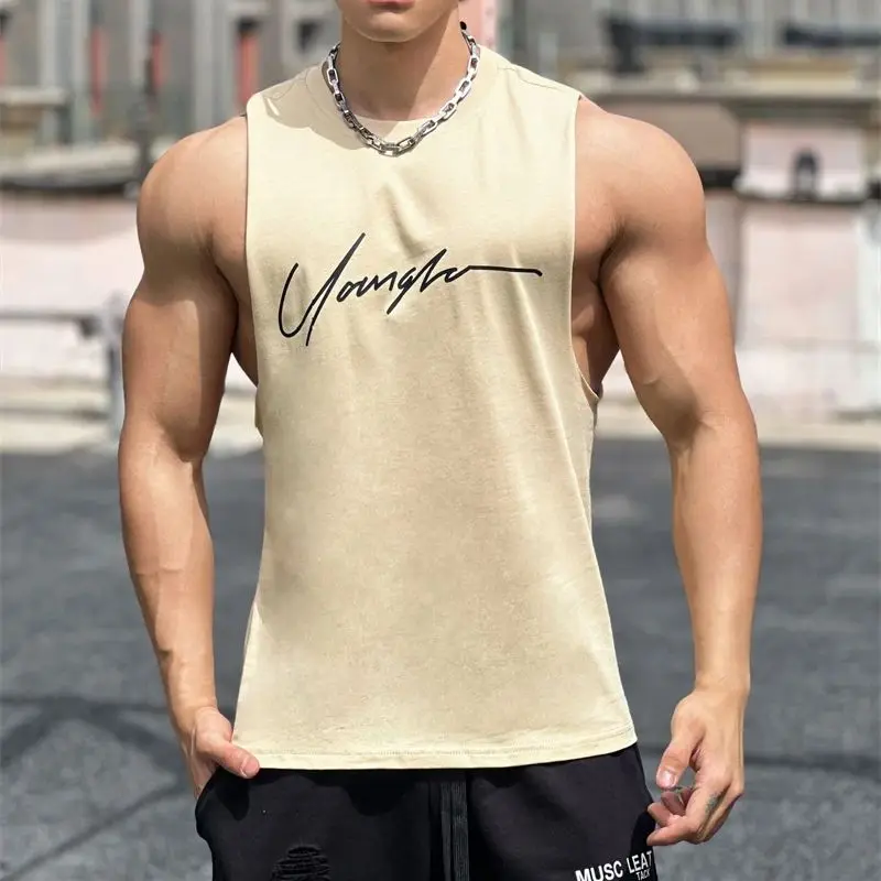 Cotton fashion men\'s tank top Streetwear Sports casual men\'s top Wide shoulder crew neck sleeveless tank top men\'s wear