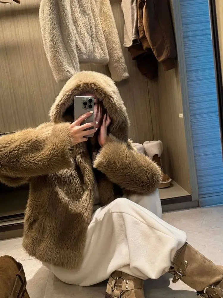 

Faionable ort Faux Fur Coat Women's Winter Thiened Warm Loose Fit Hooded Plu Jaet Casual Sle Ladies' Outerwear