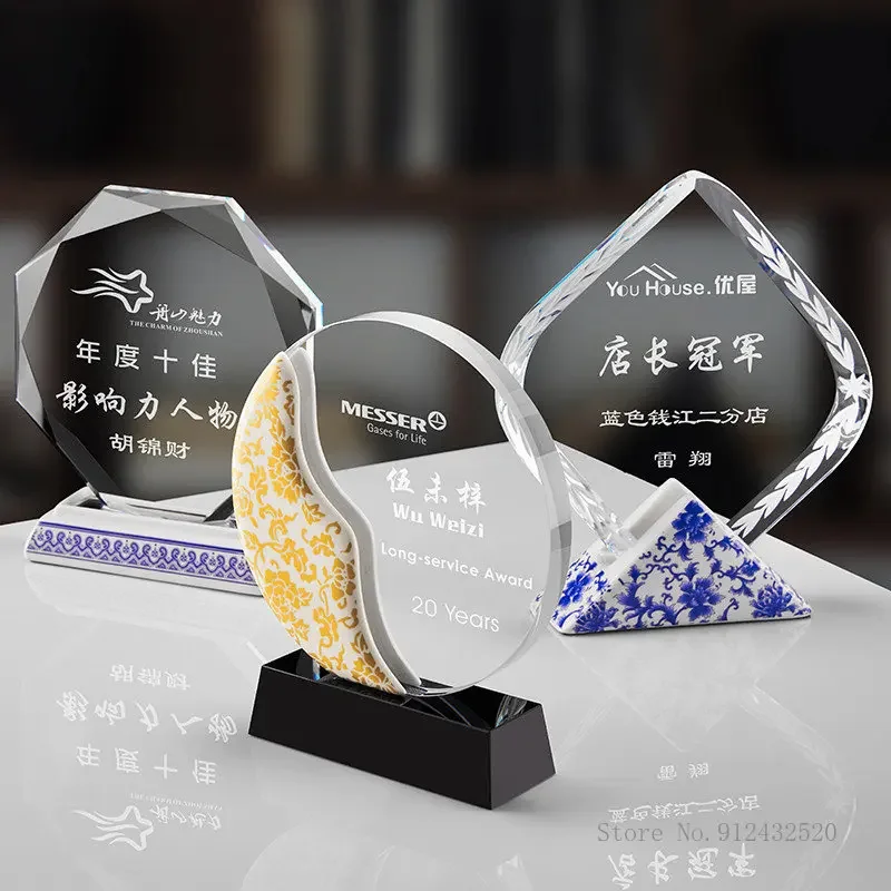 Customized Blue and White Porcelain Crystal Trophy, Outstanding Staff Annual Meeting, High End, Anniversary Awards Souvenir, 1pc