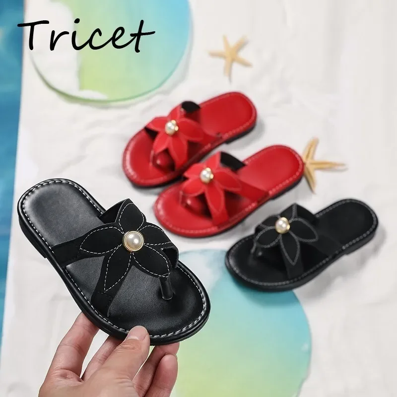 

2025 Summer Flowers Solid Children's Slippers Summer PU Leather Solid Girls Fashion Slippers Non Slip Soft Flat Kids Flip Flops