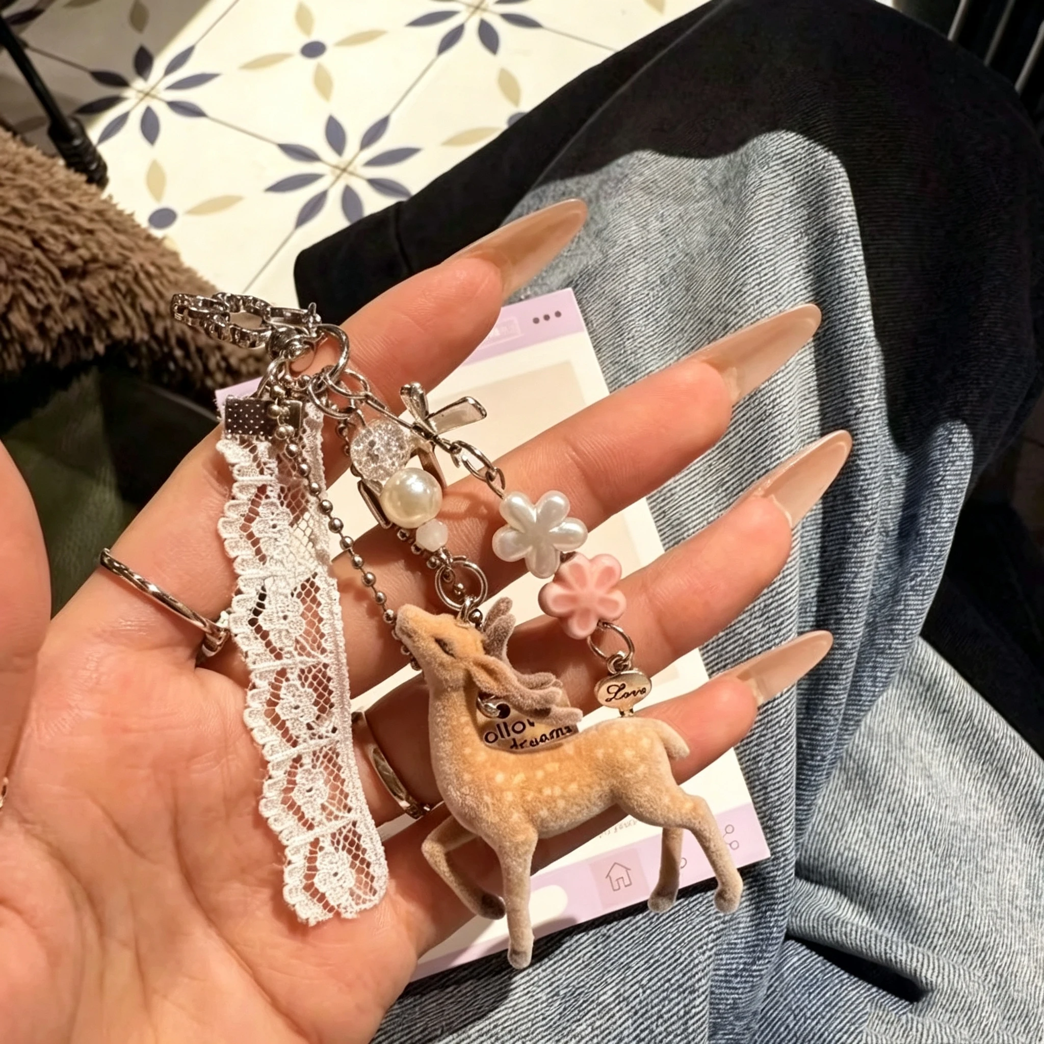 Cute Korean Style Deer Keychain 11.5cm DIY Bead Storage Box Handmade Portable Bag Pendant Ornament Gift for Women Girls