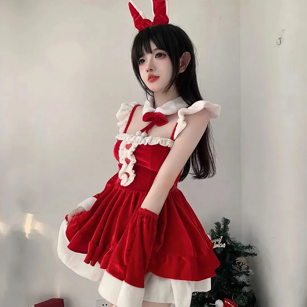 

Christmas Cute Red Lolita Dress Sexy Bunny Girl Uniform Santa Claus Costume Party Performance New Year Stage Performance Costume