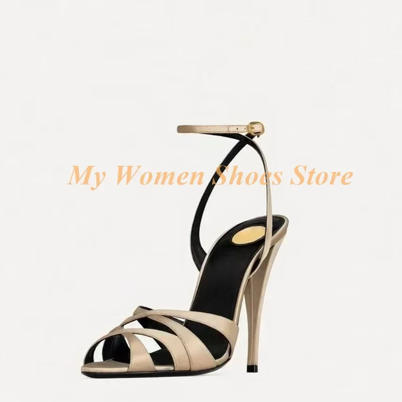 Cross Strap Open Toe Sandals Ankle Buckle Strap Stiletto Thin High Heel Cut Out Orange Champagne Satin Custom Made Women Shoes - view 4