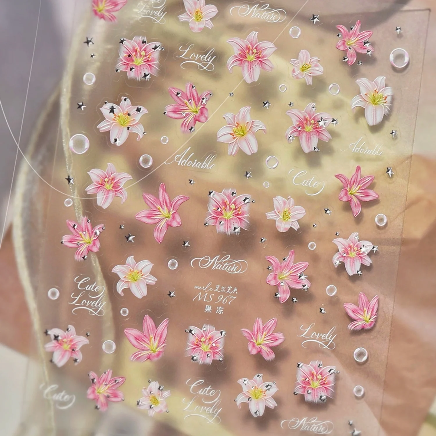 5D Lily Flower Embossed Nail Art Stickers Blooming Petal Silver Four Star Clear Bubble Rhinestone Manicure Decals Nail DIY