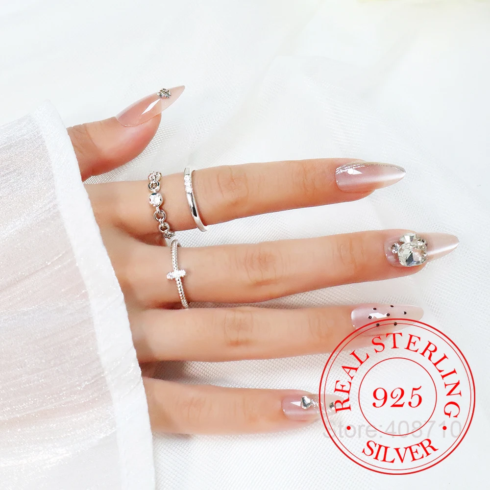 925 Sterling Silver Jewelry Zircon Crystal Chain Cross Stacking Finger Rings for Women Wedding Party Jewelry Girls Friends Gift