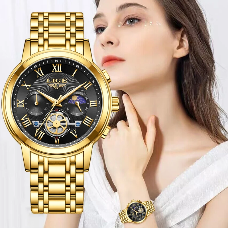 New LIGE Ladies Wristwatch Luxury Waterproof Luminous  Gold Watch For Women Dress Stainless Steel Quartz Women\'s Watches+Box