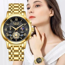 LIGE-Montre-bracelet de luxe pour femme, étanche, dorée, en acier inoxydable, à quartz, avec boîte, nouvelle collection