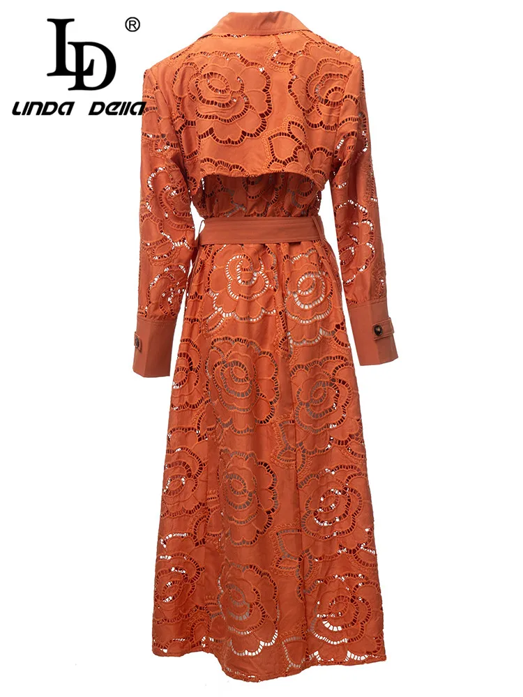 LD LINDA DELLA New Style Italian Luxury Coat Women\'s Orange Lapel Embossed hollow Elastic Waist Individuality Long Trench coat