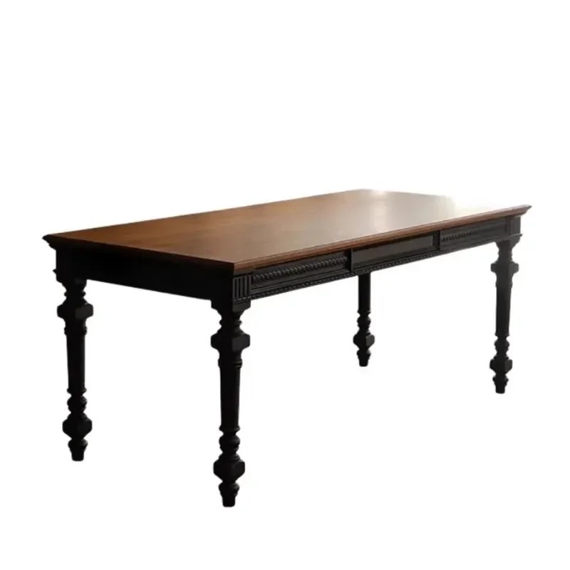 

Nanyang style solid wood dining table retro designer carved dining table two-color contrasting color rectangular table dining