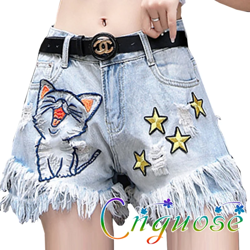 2024 Summer Cute Modis Jeans Shorts Hot Pants Korean Fashion Embroidered Cat Star Pattern Hole Girls' Denim Shorts, Hot Pants