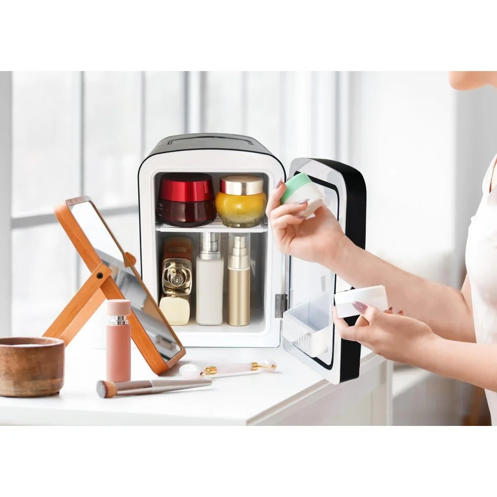 ثلاجة صغيرة للعناية بالبشرة سعة 6 لتر مع مرآة مضاءة بإضاءة LED مبرد كهربائي محمول منتجات التجميل والمشروبات للاستخدام المنزلي 12 فولت