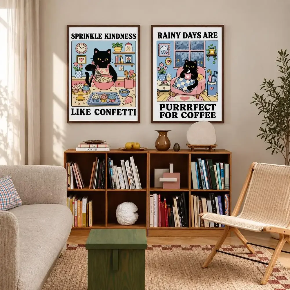 Coffee Humor Design Cute Paws Black Cat More Espresso Less Depresso Poster Self-adhesive Waterproof Paper Sticker Wall Decor