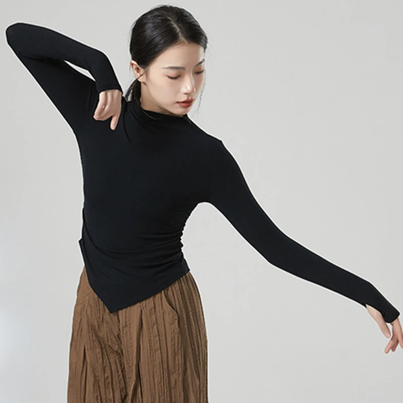 Classical Dance Tops Women Long Sleeve Thumb Hole Shirt Turtleneck Modern Training Clothes Slim Fall Rhythm Performance Costume