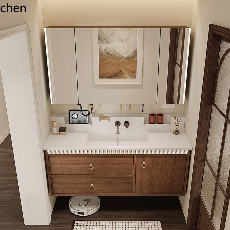 ZMLbathroom cabinet combination ceramic integrated basin washbasin toilet walnut washbasin cabinet