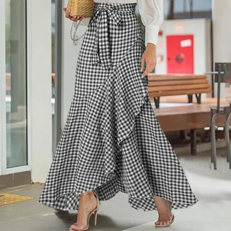 Neu im Frühling-Herbst: Damen-Maxirock mit Hoher Taille, Schnürung, Rüschenbesatz, Karomuster, Schleife und Unregelmäßigem Saum