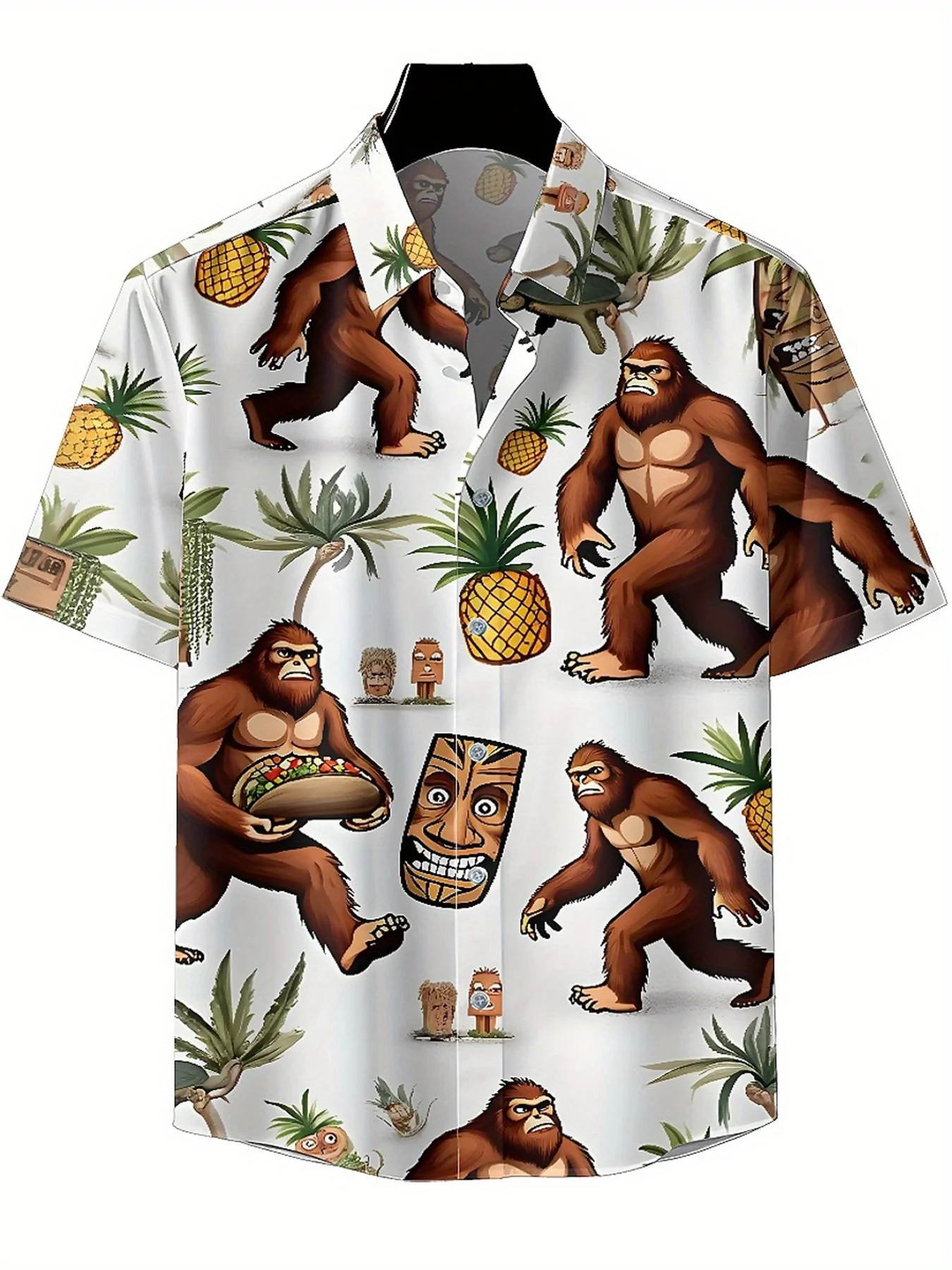 Men's Plus Size Hawaiian Shirts Sasquatch Tropical Pineapple with Tiki Mask pattern,Premium Comfort Youth Clothes,Streetwear Top