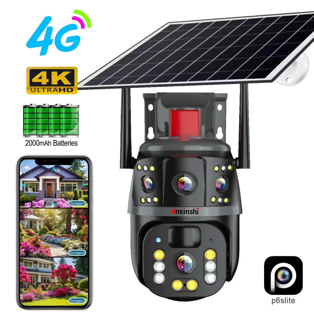 Brand New Design 4 Lens 3 Screen 4G Sim card Lte Camera with Solar battery powered Two way audio wireless Camera