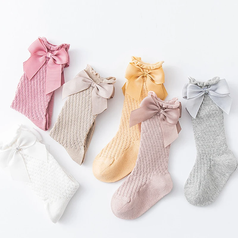 Newborn Baby Girl Socks New Kids Bow Knee High Socks Toddler Soft Cotton Summer Bowknot Hollow Out Children Royal Princess Socks