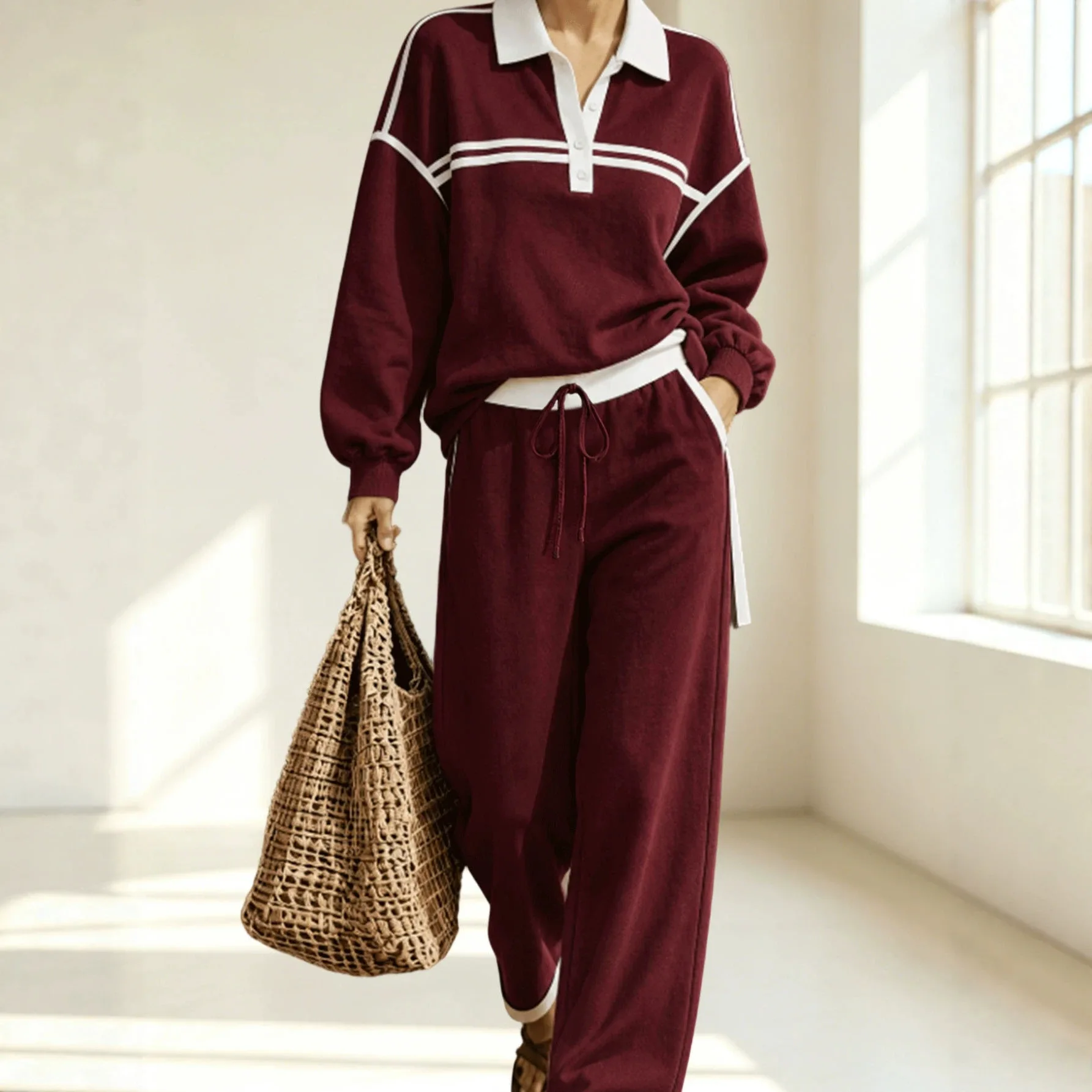 

Fashion Women's Autumn Tracksuit With Stripes Pants Oversize Classic Two Piece Set Casual Colorant Match Trouser Suits For Women