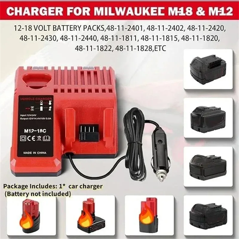 Portable Car Charger for Milwaukee 12V/18V Li-Ion Battery 48-11-2402 Cigarette Lighter Plug Quick Charger with LED Indicator
