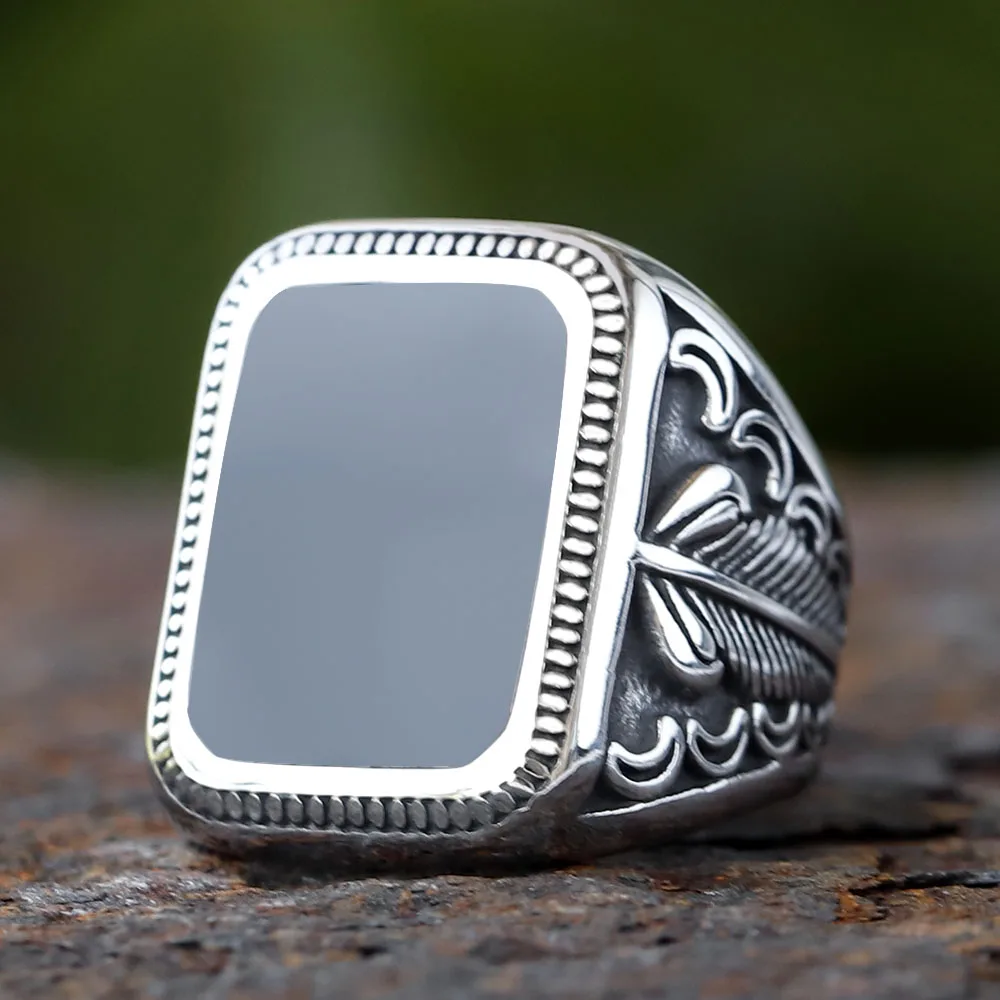 2024 new Vintage Handmade Turkish Signet Ring For Men Women Ancient Silver Color Black Onyx Stone Punk Rings Religious Jewelry